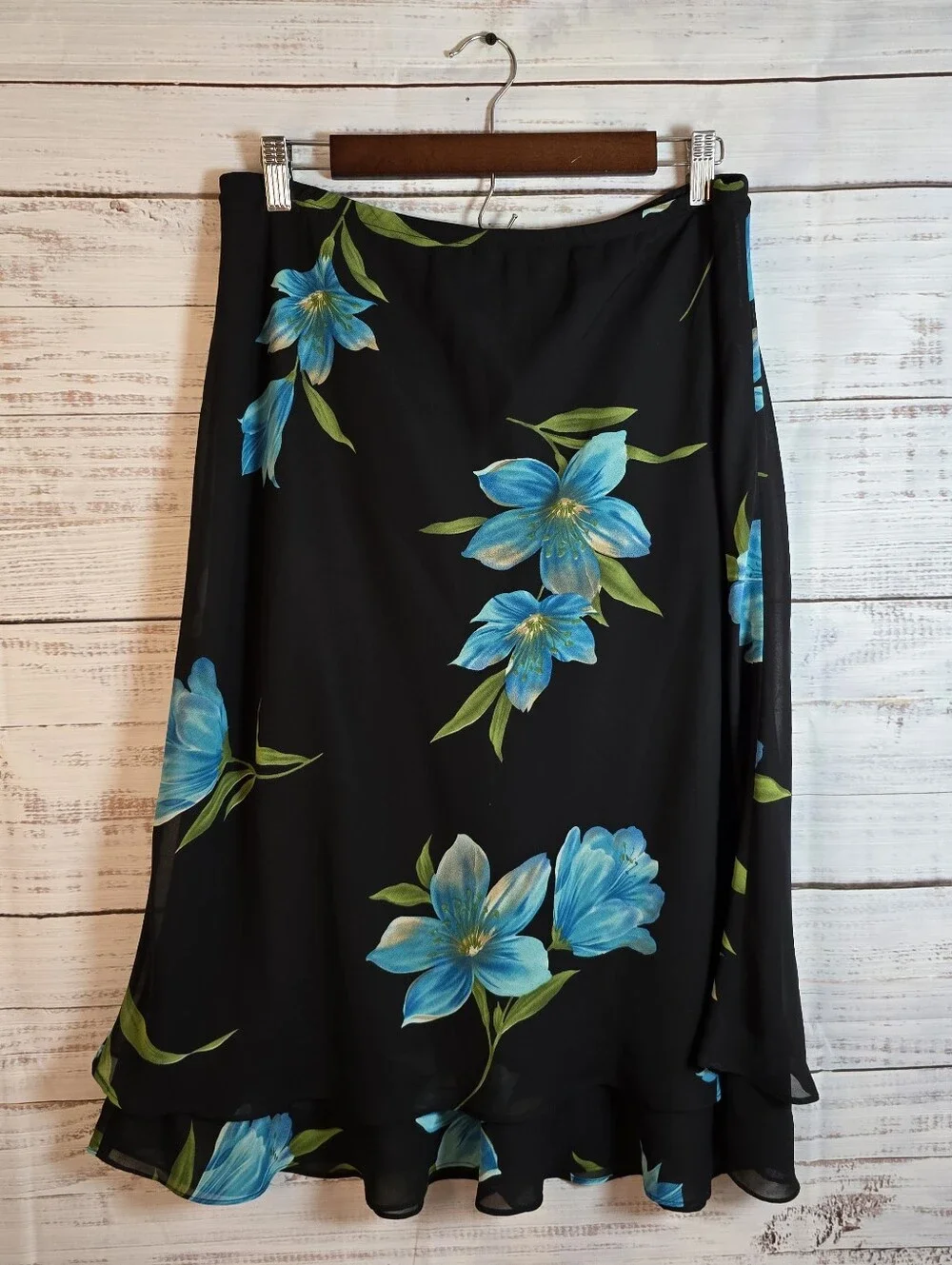 Women's‎ Black Blue Floral Chiffon Midi Skirt Size 14 Lined A Line Pull On